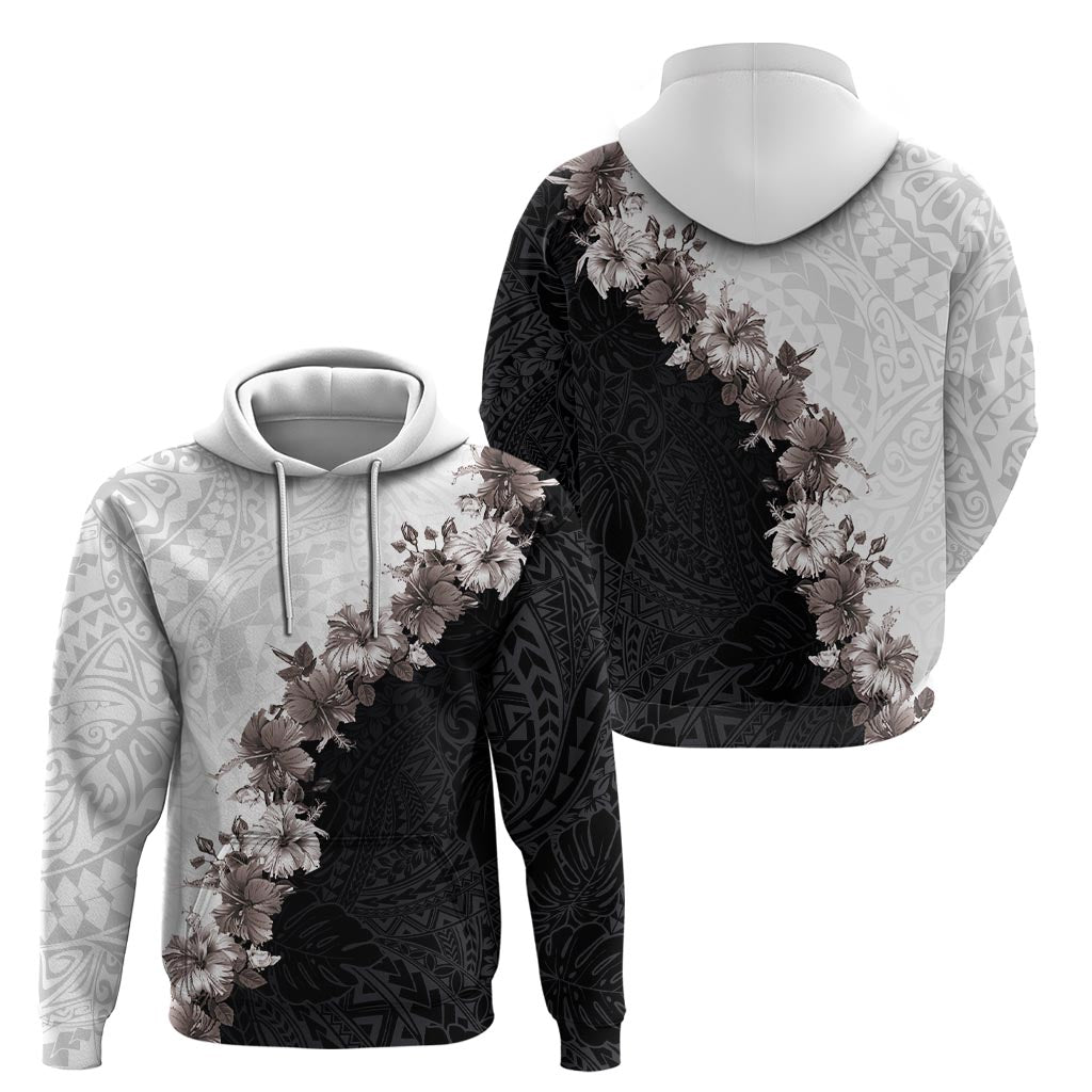 Hawaii Grayscale Hibiscus Flowers Zip Hoodie Polynesian Pattern With Half Black White Version