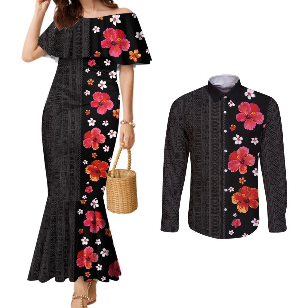 Hawaii Hibiscus and Plumeria Flowers Couples Matching Mermaid Dress and Long Sleeve Button Shirt Tapa Tribal Pattern Half Style Colorful Mode