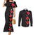 Hawaii Hibiscus and Plumeria Flowers Couples Matching Mermaid Dress and Long Sleeve Button Shirt Tapa Tribal Pattern Half Style Colorful Mode