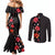 Hawaii Hibiscus and Plumeria Flowers Couples Matching Mermaid Dress and Long Sleeve Button Shirt Tapa Tribal Pattern Half Style Colorful Mode