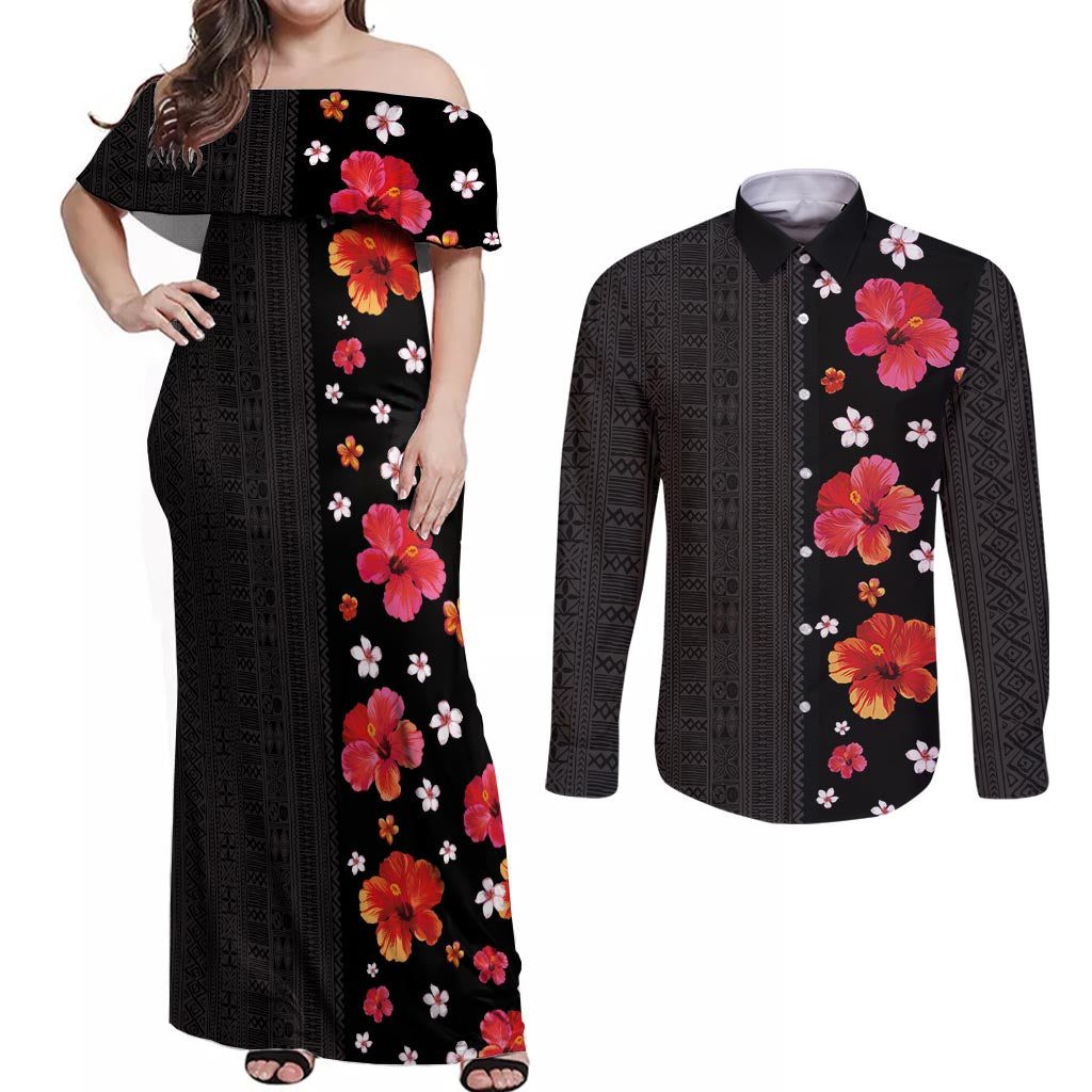 Hawaii Hibiscus and Plumeria Flowers Couples Matching Off Shoulder Maxi Dress and Long Sleeve Button Shirt Tapa Tribal Pattern Half Style Colorful Mode
