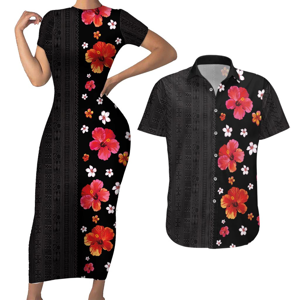 Hawaii Hibiscus and Plumeria Flowers Couples Matching Short Sleeve Bodycon Dress and Hawaiian Shirt Tapa Tribal Pattern Half Style Colorful Mode