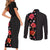 Hawaii Hibiscus and Plumeria Flowers Couples Matching Short Sleeve Bodycon Dress and Long Sleeve Button Shirt Tapa Tribal Pattern Half Style Colorful Mode