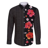 Hawaii Hibiscus and Plumeria Flowers Family Matching Long Sleeve Bodycon Dress and Hawaiian Shirt Tapa Tribal Pattern Half Style Colorful Mode