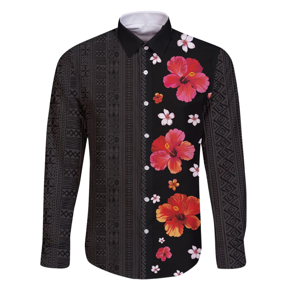 Hawaii Hibiscus and Plumeria Flowers Family Matching Off The Shoulder Long Sleeve Dress and Hawaiian Shirt Tapa Tribal Pattern Half Style Colorful Mode