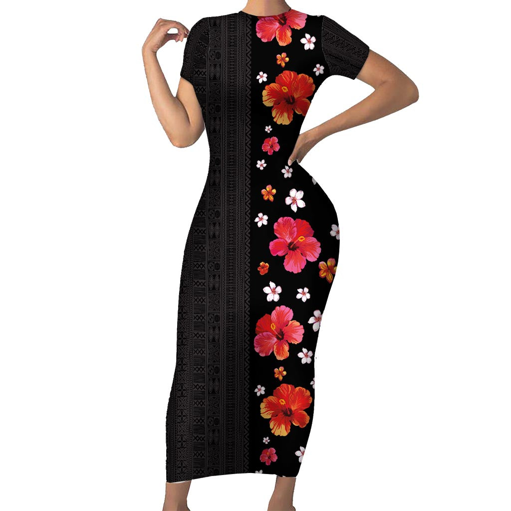Hawaii Hibiscus and Plumeria Flowers Family Matching Short Sleeve Bodycon Dress and Hawaiian Shirt Tapa Tribal Pattern Half Style Colorful Mode