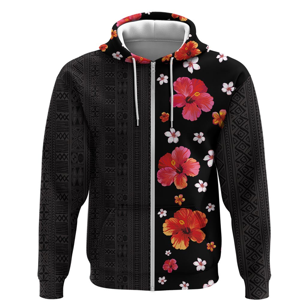 Hawaii Hibiscus and Plumeria Flowers Hoodie Tapa Tribal Pattern Half Style Colorful Mode