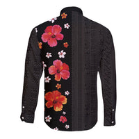 Hawaii Hibiscus and Plumeria Flowers Long Sleeve Button Shirt Tapa Tribal Pattern Half Style Colorful Mode
