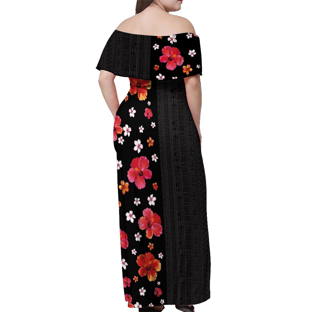 Hawaii Hibiscus and Plumeria Flowers Off Shoulder Maxi Dress Tapa Tribal Pattern Half Style Colorful Mode LT03 - Polynesian Pride