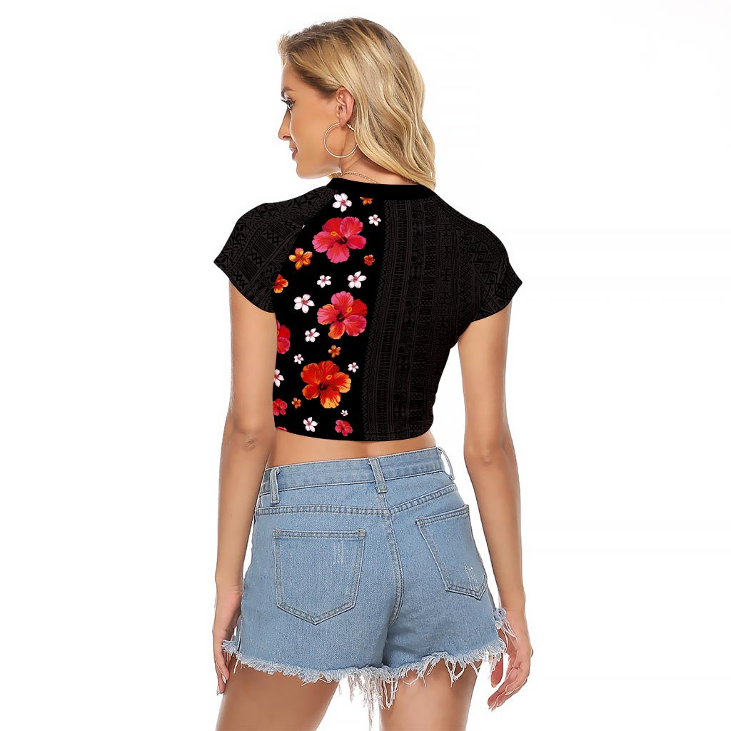 Hawaii Hibiscus and Plumeria Flowers Raglan Cropped T Shirt Tapa Tribal Pattern Half Style Colorful Mode