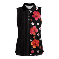 Hawaii Hibiscus and Plumeria Flowers Women Sleeveless Polo Shirt Tapa Tribal Pattern Half Style Colorful Mode LT03 Female Black - Polynesian Pride