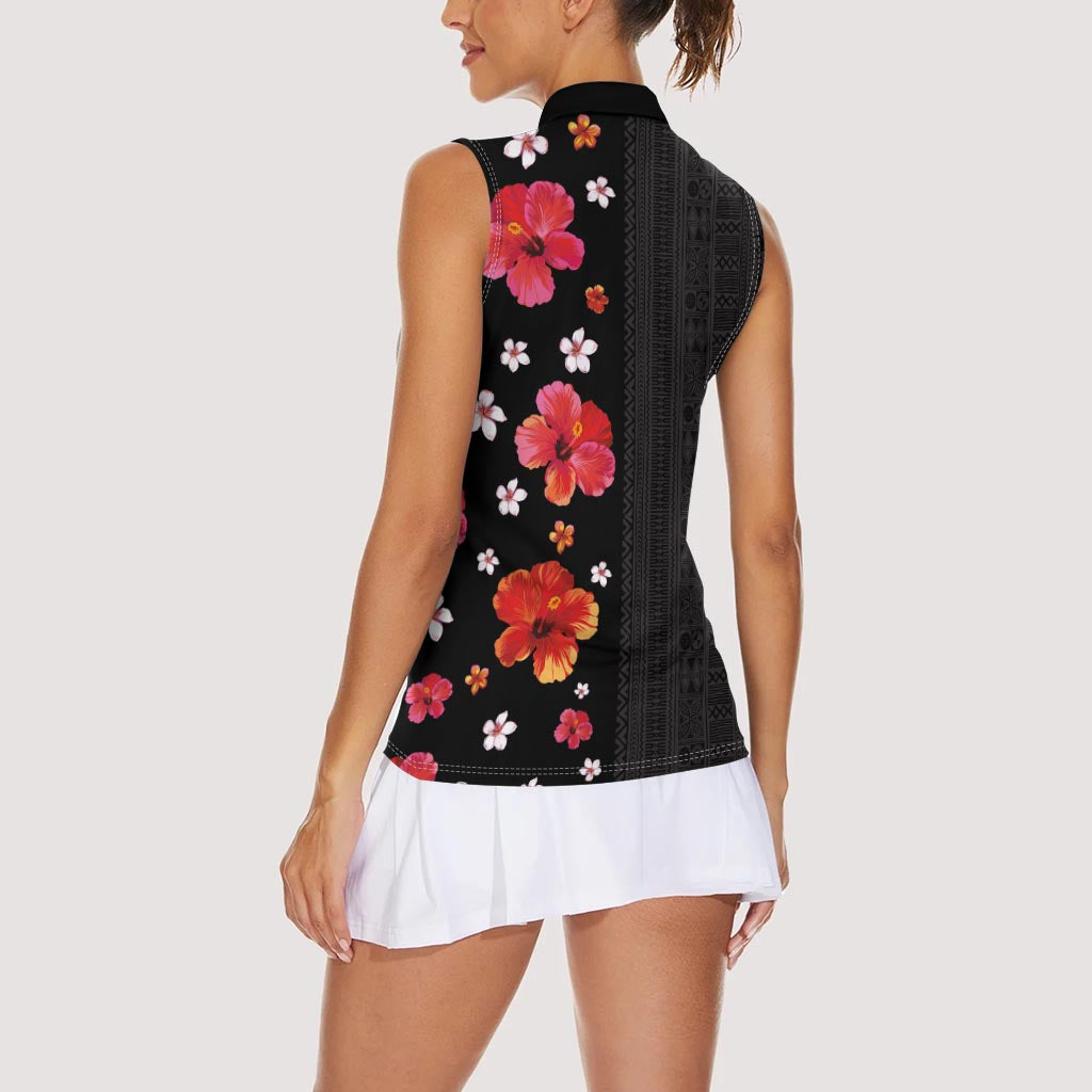 Hawaii Hibiscus and Plumeria Flowers Women Sleeveless Polo Shirt Tapa Tribal Pattern Half Style Colorful Mode LT03 - Polynesian Pride