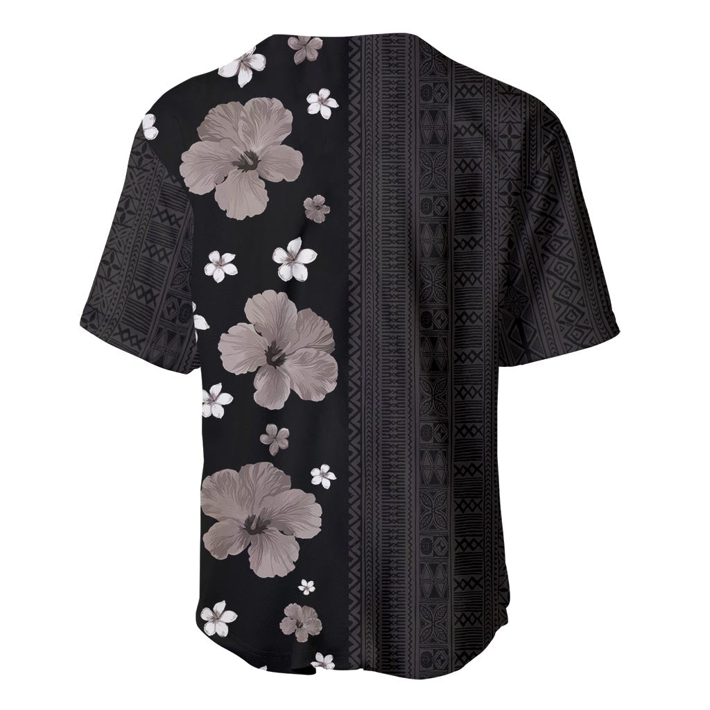 Hawaii Hibiscus and Plumeria Flowers Baseball Jersey Tapa Tribal Pattern Half Style Grayscale Mode