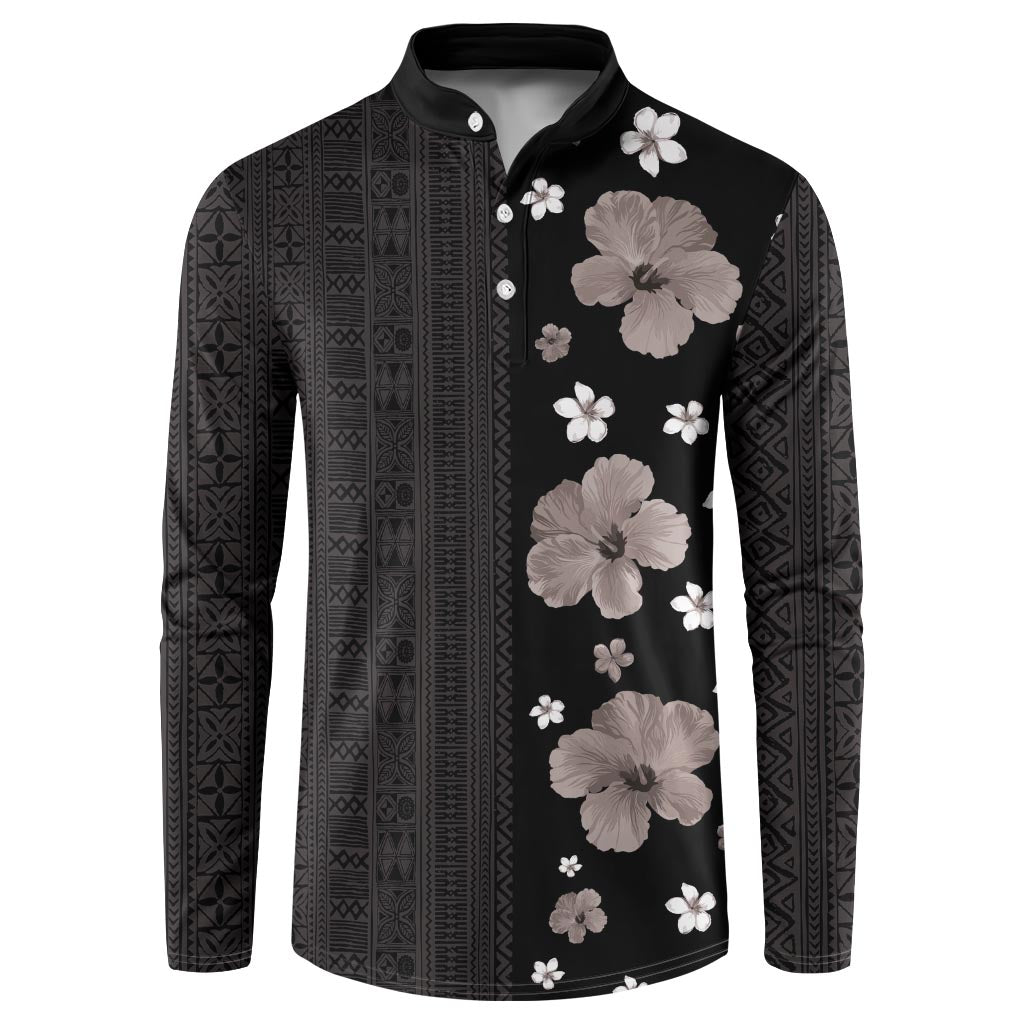 Hawaii Hibiscus and Plumeria Flowers Button Sweatshirt Tapa Tribal Pattern Half Style Grayscale Mode