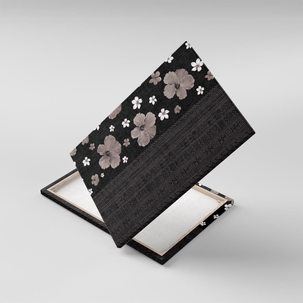 Hawaii Hibiscus and Plumeria Flowers Canvas Wall Art Tapa Tribal Pattern Half Style Grayscale Mode