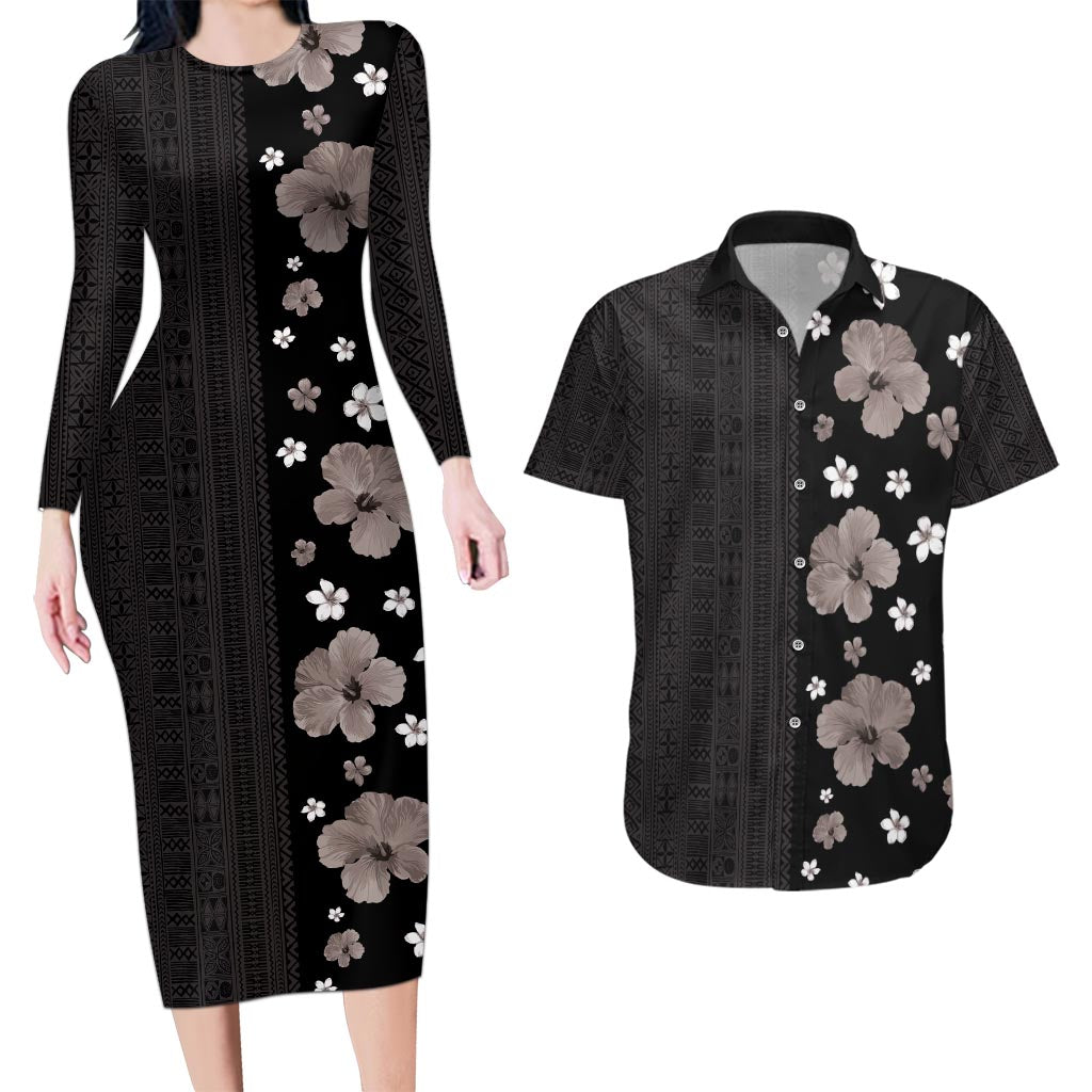 Hawaii Hibiscus and Plumeria Flowers Couples Matching Long Sleeve Bodycon Dress and Hawaiian Shirt Tapa Tribal Pattern Half Style Grayscale Mode