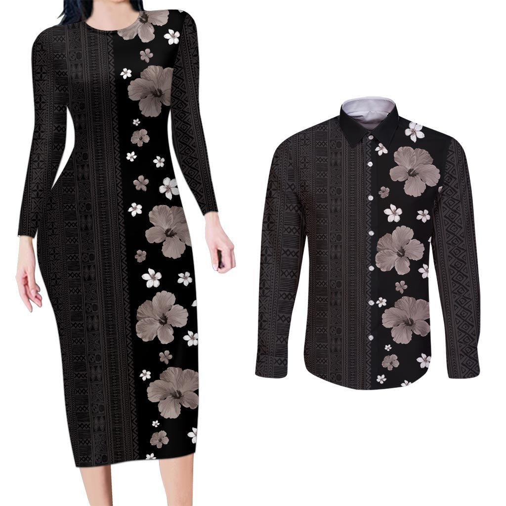 Hawaii Hibiscus and Plumeria Flowers Couples Matching Long Sleeve Bodycon Dress and Long Sleeve Button Shirt Tapa Tribal Pattern Half Style Grayscale Mode