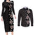 Hawaii Hibiscus and Plumeria Flowers Couples Matching Long Sleeve Bodycon Dress and Long Sleeve Button Shirt Tapa Tribal Pattern Half Style Grayscale Mode