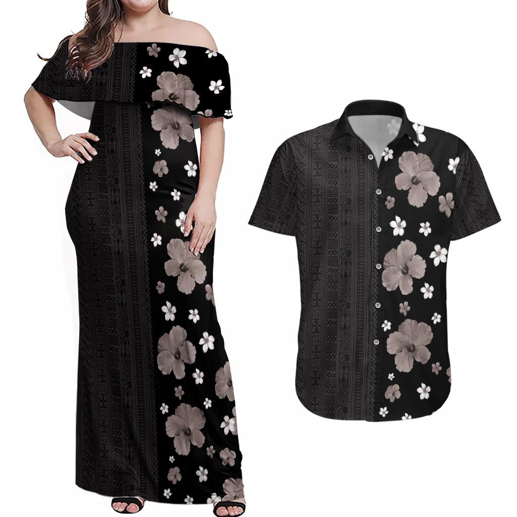 Hawaii Hibiscus and Plumeria Flowers Couples Matching Off Shoulder Maxi Dress and Hawaiian Shirt Tapa Tribal Pattern Half Style Grayscale Mode