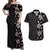 Hawaii Hibiscus and Plumeria Flowers Couples Matching Off Shoulder Maxi Dress and Hawaiian Shirt Tapa Tribal Pattern Half Style Grayscale Mode