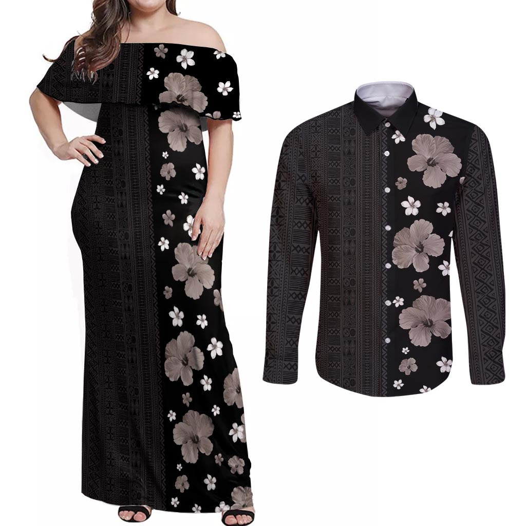Hawaii Hibiscus and Plumeria Flowers Couples Matching Off Shoulder Maxi Dress and Long Sleeve Button Shirt Tapa Tribal Pattern Half Style Grayscale Mode