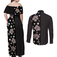 Hawaii Hibiscus and Plumeria Flowers Couples Matching Off Shoulder Maxi Dress and Long Sleeve Button Shirt Tapa Tribal Pattern Half Style Grayscale Mode