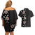 Hawaii Hibiscus and Plumeria Flowers Couples Matching Off Shoulder Short Dress and Hawaiian Shirt Tapa Tribal Pattern Half Style Grayscale Mode
