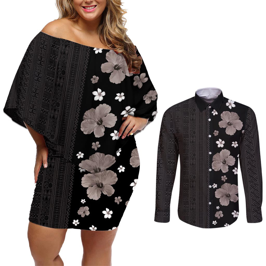 Hawaii Hibiscus and Plumeria Flowers Couples Matching Off Shoulder Short Dress and Long Sleeve Button Shirt Tapa Tribal Pattern Half Style Grayscale Mode