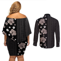 Hawaii Hibiscus and Plumeria Flowers Couples Matching Off Shoulder Short Dress and Long Sleeve Button Shirt Tapa Tribal Pattern Half Style Grayscale Mode