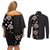 Hawaii Hibiscus and Plumeria Flowers Couples Matching Off Shoulder Short Dress and Long Sleeve Button Shirt Tapa Tribal Pattern Half Style Grayscale Mode