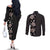 Hawaii Hibiscus and Plumeria Flowers Couples Matching Off The Shoulder Long Sleeve Dress and Long Sleeve Button Shirt Tapa Tribal Pattern Half Style Grayscale Mode