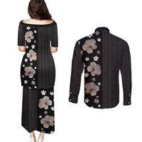 Hawaii Hibiscus and Plumeria Flowers Couples Matching Puletasi and Long Sleeve Button Shirt Tapa Tribal Pattern Half Style Grayscale Mode