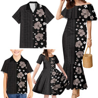 Hawaii Hibiscus and Plumeria Flowers Family Matching Mermaid Dress and Hawaiian Shirt Tapa Tribal Pattern Half Style Grayscale Mode