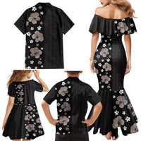 Hawaii Hibiscus and Plumeria Flowers Family Matching Mermaid Dress and Hawaiian Shirt Tapa Tribal Pattern Half Style Grayscale Mode