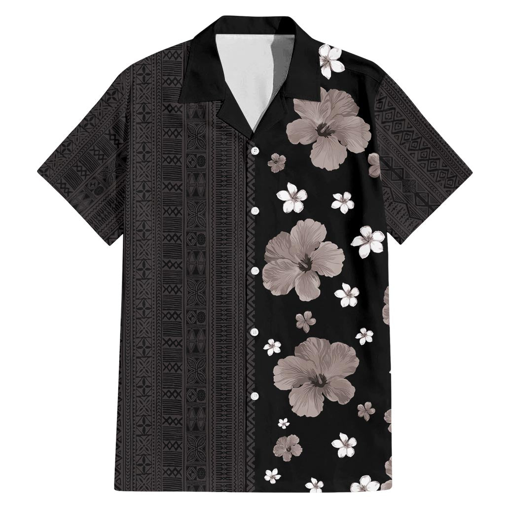 Hawaii Hibiscus and Plumeria Flowers Family Matching Mermaid Dress and Hawaiian Shirt Tapa Tribal Pattern Half Style Grayscale Mode