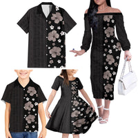 Hawaii Hibiscus and Plumeria Flowers Family Matching Off The Shoulder Long Sleeve Dress and Hawaiian Shirt Tapa Tribal Pattern Half Style Grayscale Mode