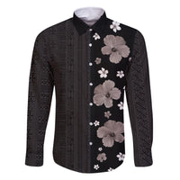 Hawaii Hibiscus and Plumeria Flowers Family Matching Off The Shoulder Long Sleeve Dress and Hawaiian Shirt Tapa Tribal Pattern Half Style Grayscale Mode