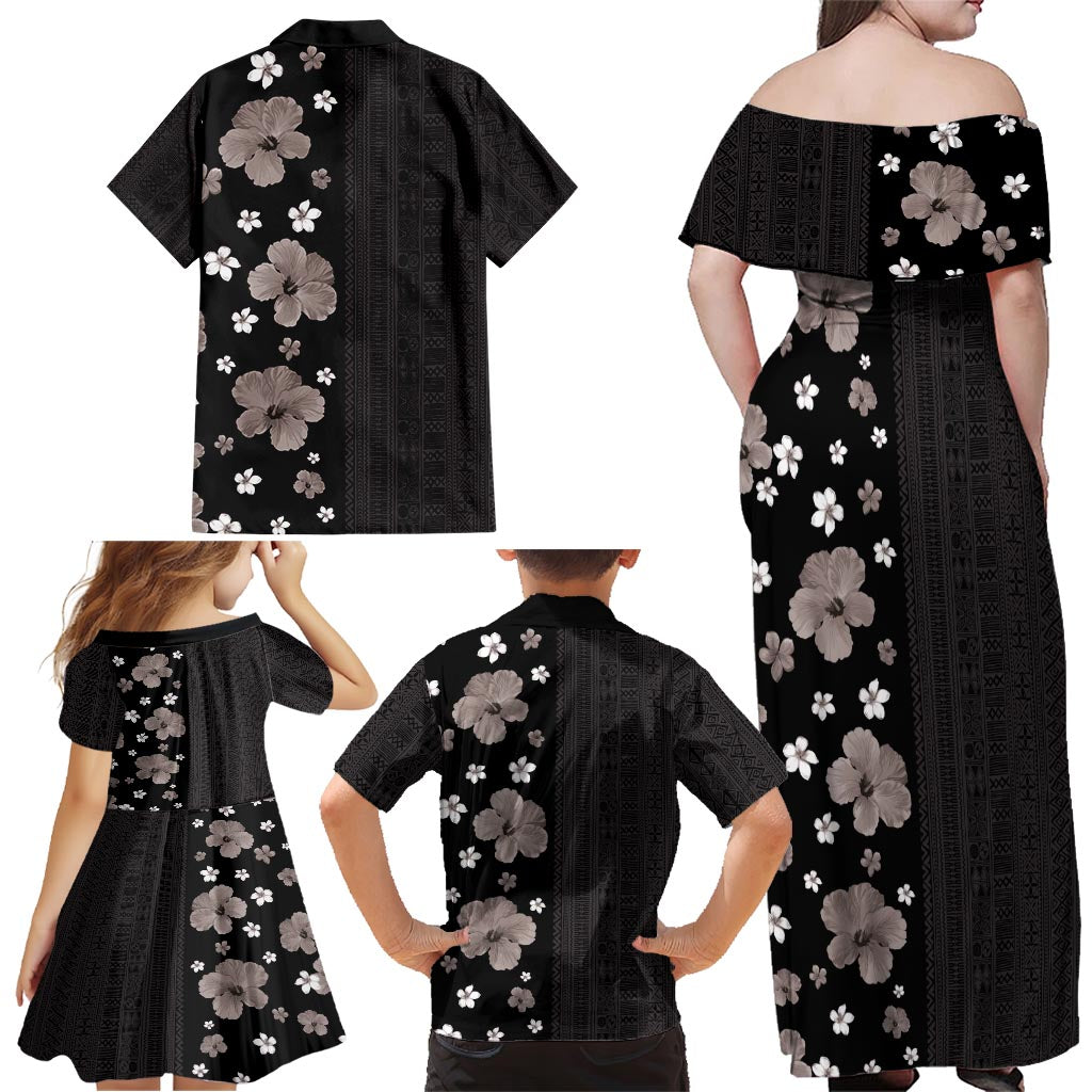 Hawaii Hibiscus and Plumeria Flowers Family Matching Off Shoulder Maxi Dress and Hawaiian Shirt Tapa Tribal Pattern Half Style Grayscale Mode
