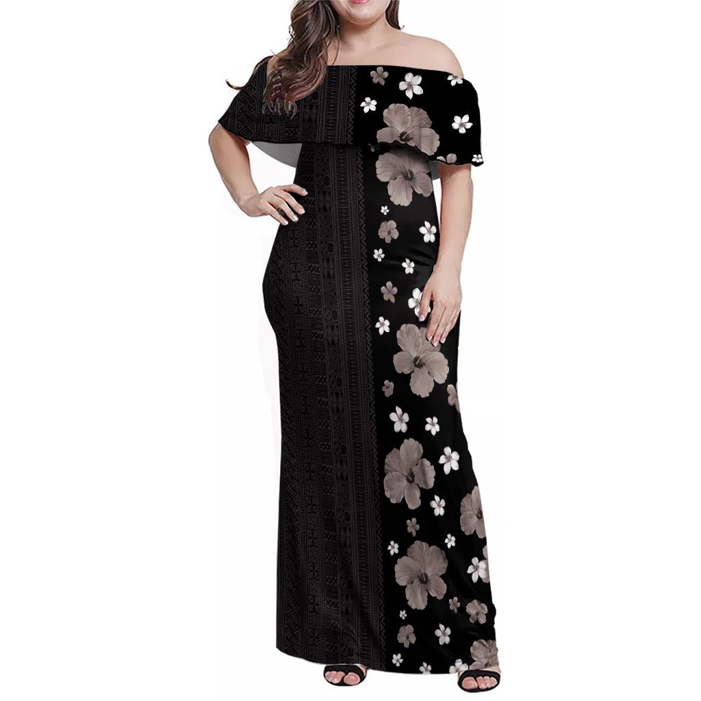 Hawaii Hibiscus and Plumeria Flowers Family Matching Off Shoulder Maxi Dress and Hawaiian Shirt Tapa Tribal Pattern Half Style Grayscale Mode