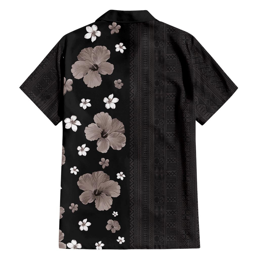 Hawaii Hibiscus and Plumeria Flowers Family Matching Off Shoulder Short Dress and Hawaiian Shirt Tapa Tribal Pattern Half Style Grayscale Mode