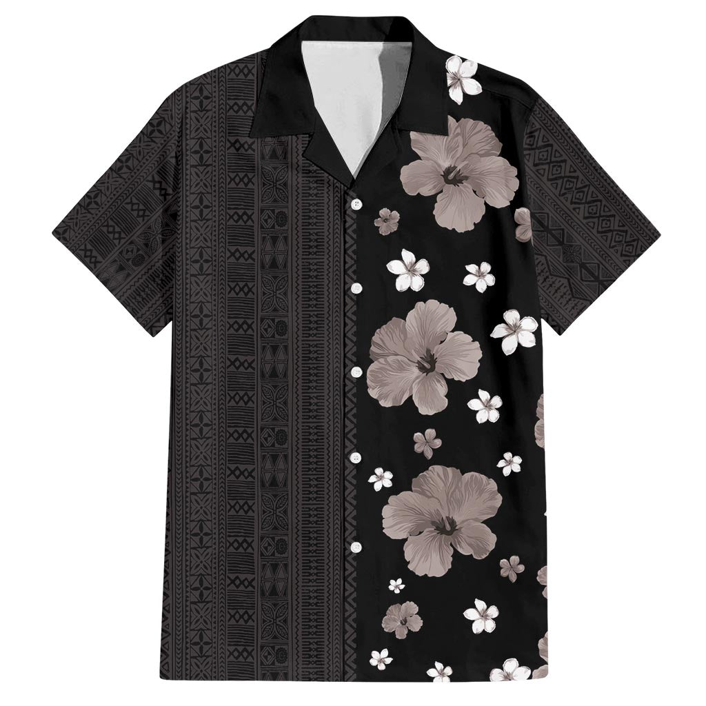 Hawaii Hibiscus and Plumeria Flowers Family Matching Tank Maxi Dress and Hawaiian Shirt Tapa Tribal Pattern Half Style Grayscale Mode