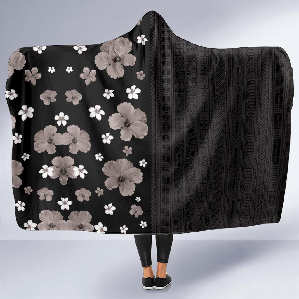 Hawaii Hibiscus and Plumeria Flowers Hooded Blanket Tapa Tribal Pattern Half Style Grayscale Mode