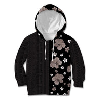 Hawaii Hibiscus and Plumeria Flowers Kid Hoodie Tapa Tribal Pattern Half Style Grayscale Mode