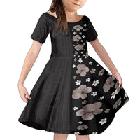 Hawaii Hibiscus and Plumeria Flowers Kid Short Sleeve Dress Tapa Tribal Pattern Half Style Grayscale Mode