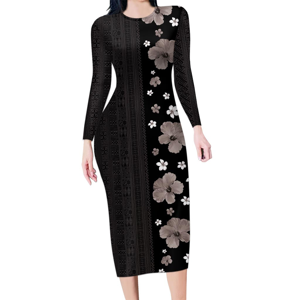 Hawaii Hibiscus and Plumeria Flowers Long Sleeve Bodycon Dress Tapa Tribal Pattern Half Style Grayscale Mode LT03 Long Dress Black - Polynesian Pride