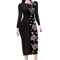 Hawaii Hibiscus and Plumeria Flowers Long Sleeve Bodycon Dress Tapa Tribal Pattern Half Style Grayscale Mode LT03 Long Dress Black - Polynesian Pride