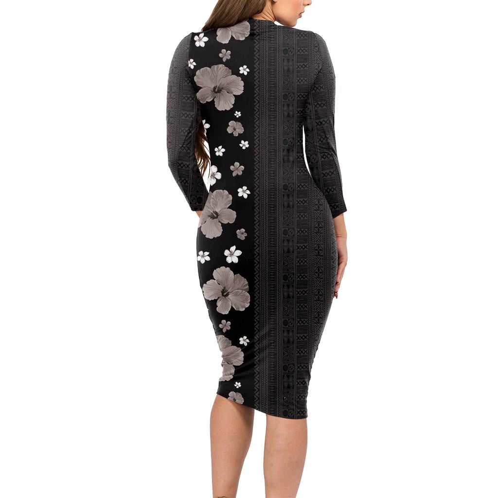 Hawaii Hibiscus and Plumeria Flowers Long Sleeve Bodycon Dress Tapa Tribal Pattern Half Style Grayscale Mode LT03 - Polynesian Pride