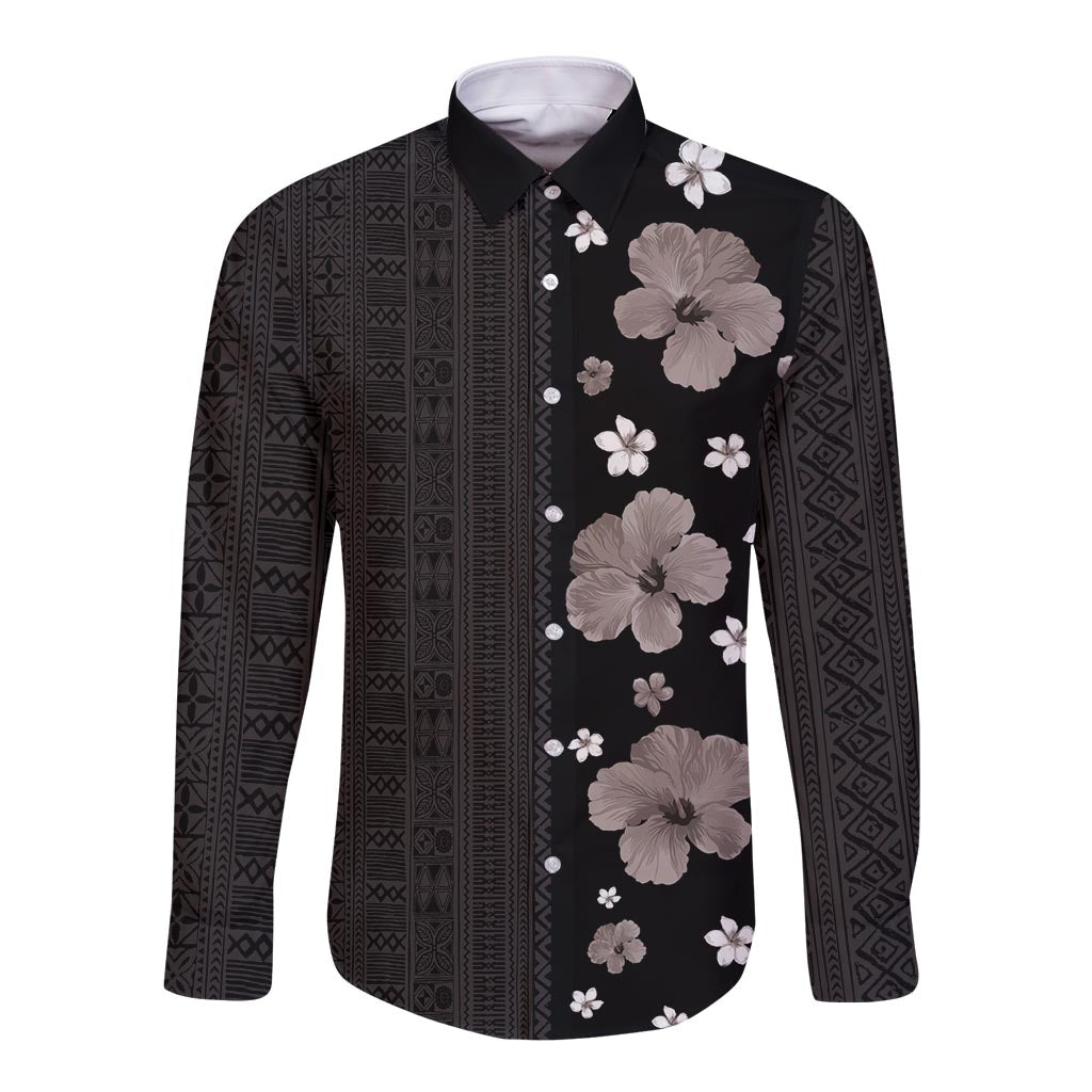 Hawaii Hibiscus and Plumeria Flowers Long Sleeve Button Shirt Tapa Tribal Pattern Half Style Grayscale Mode