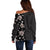 Hawaii Hibiscus and Plumeria Flowers Off Shoulder Sweater Tapa Tribal Pattern Half Style Grayscale Mode