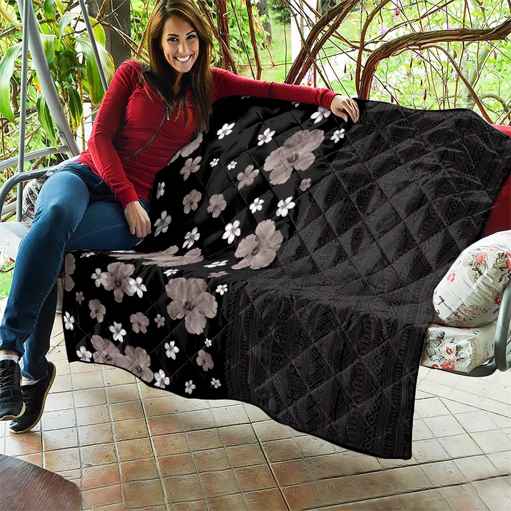 Hawaii Hibiscus and Plumeria Flowers Quilt Tapa Tribal Pattern Half Style Grayscale Mode